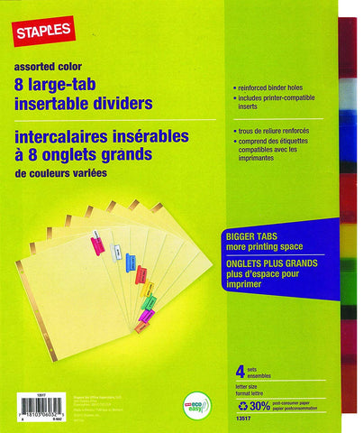 Staples Big Tab Insertable Dividers, 8-Tab, Muiltcolored, 4/Pack