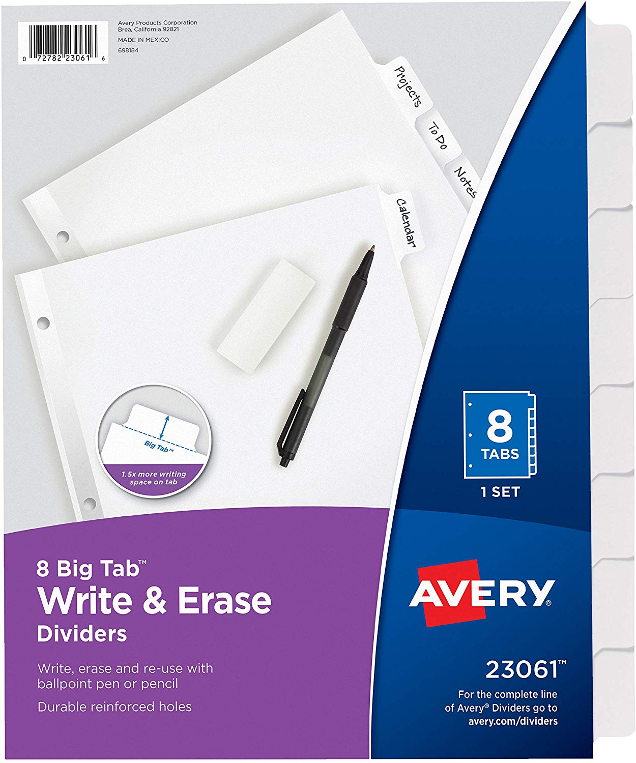 Avery 8-Tab Binder Dividers, Write & Erase White Big Tabs, 1 Set (23061)